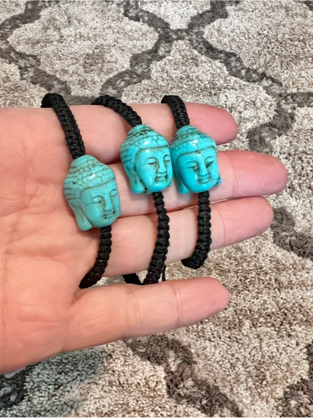 NEW Turquoise Buddha Head Resin Bead Adjustable Black Cord Bracelet Set of 3